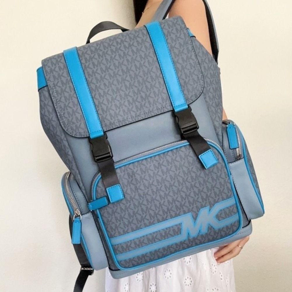 Michael Kors Cooper Denim Blue Utility Rucksack Flap Pocket‎ Large Backpack - Picture 2 of 16